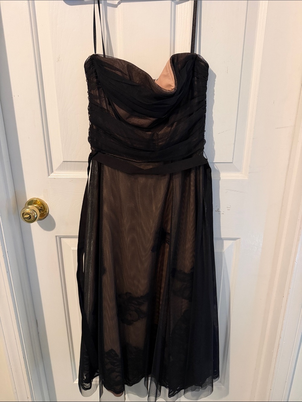 BCBGMaxAzria Black Strapless Midi Dress with Sheer Overlay